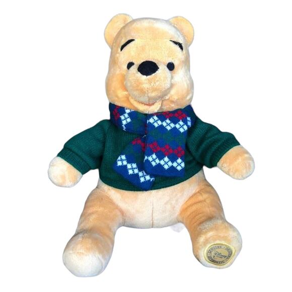 Disney Store Winnie Pooh Plush Bear Green Sweater Argyle Scarf Stuffed Toy - Picture 1 of 13